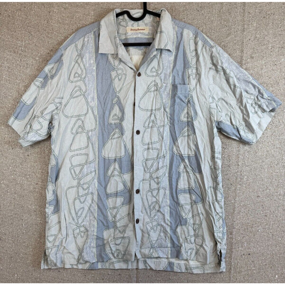 Mens Sz Large TOMMY BAHAMA Short Sleeve Button‎ Up Hawaiian Shirt Blue/Creme - Picture 1 of 5